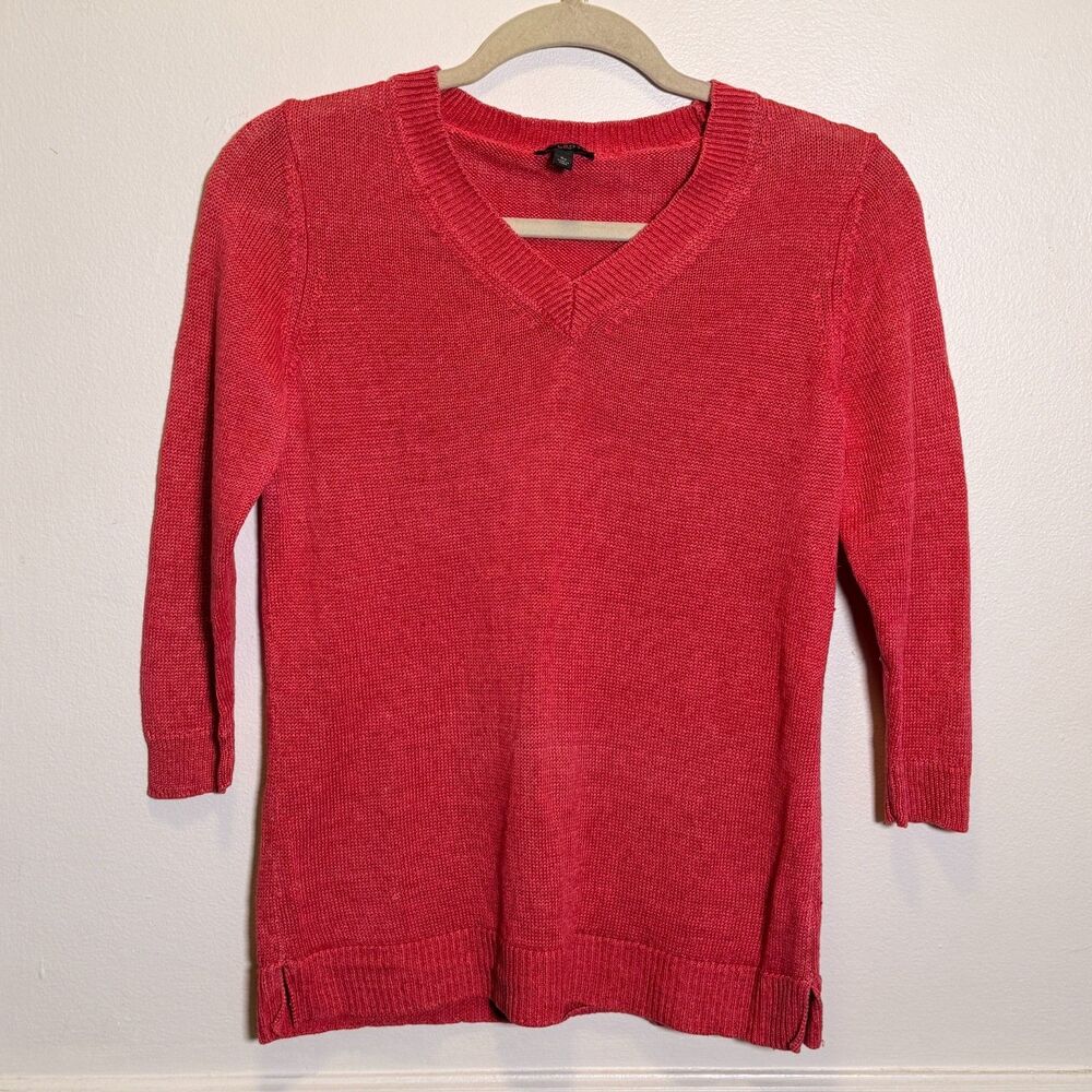 Talbots Petites SP Pink 100% Linen Knit V Neck Sweater Coastal Preppy